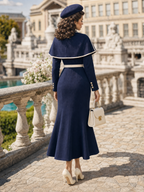 Vintage French Cape Stand Collar Fitted Waist Mermaid Maxi Dress