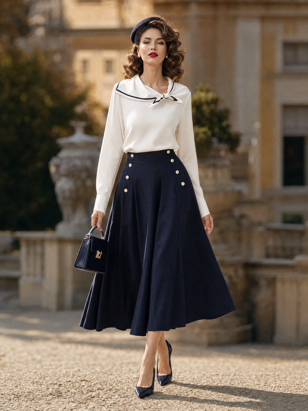 Vintage French Sailor Collar Bow Commuter Long‑Sleeve Top