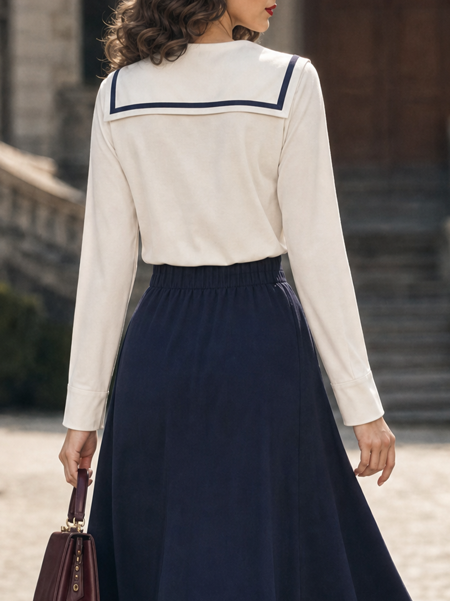 Vintage French Sailor Collar Bow Commuter Long‑Sleeve Top