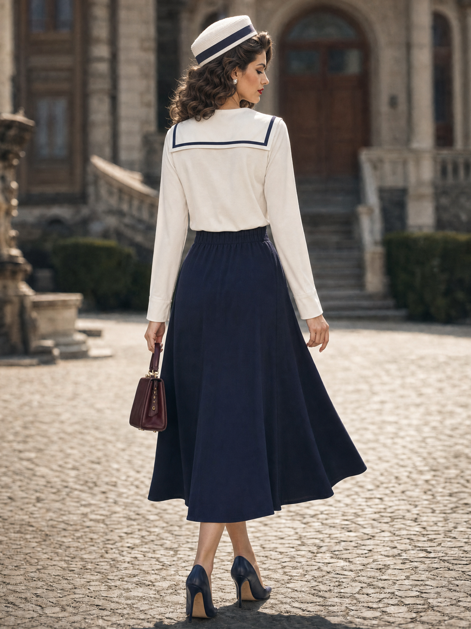 Vintage French Sailor Collar Bow Commuter Long‑Sleeve Top