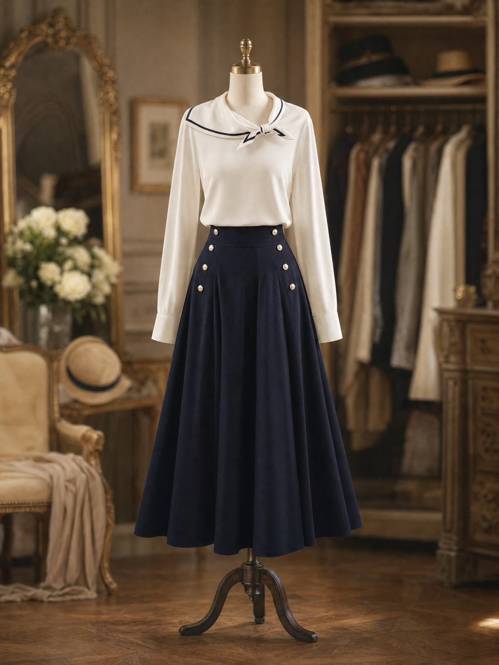Vintage French Sailor Collar Bow Commuter Long‑Sleeve Top