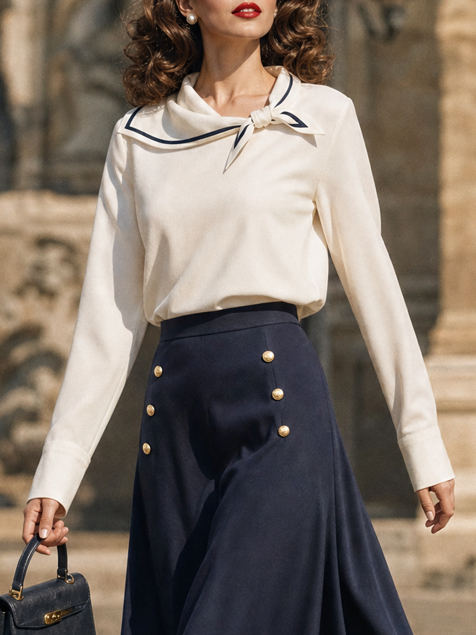 Vintage French Sailor Collar Bow Commuter Long‑Sleeve Top