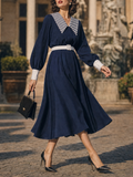 Vintage French Striped Sailor Collar Lantern Sleeve Belted A‑Line Midi Dress