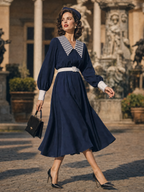 Vintage French Striped Sailor Collar Lantern Sleeve Belted A‑Line Midi Dress