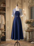 Vintage French Striped Square Neck Belted Full Skirt Fake Two‑Piece Maxi Dress