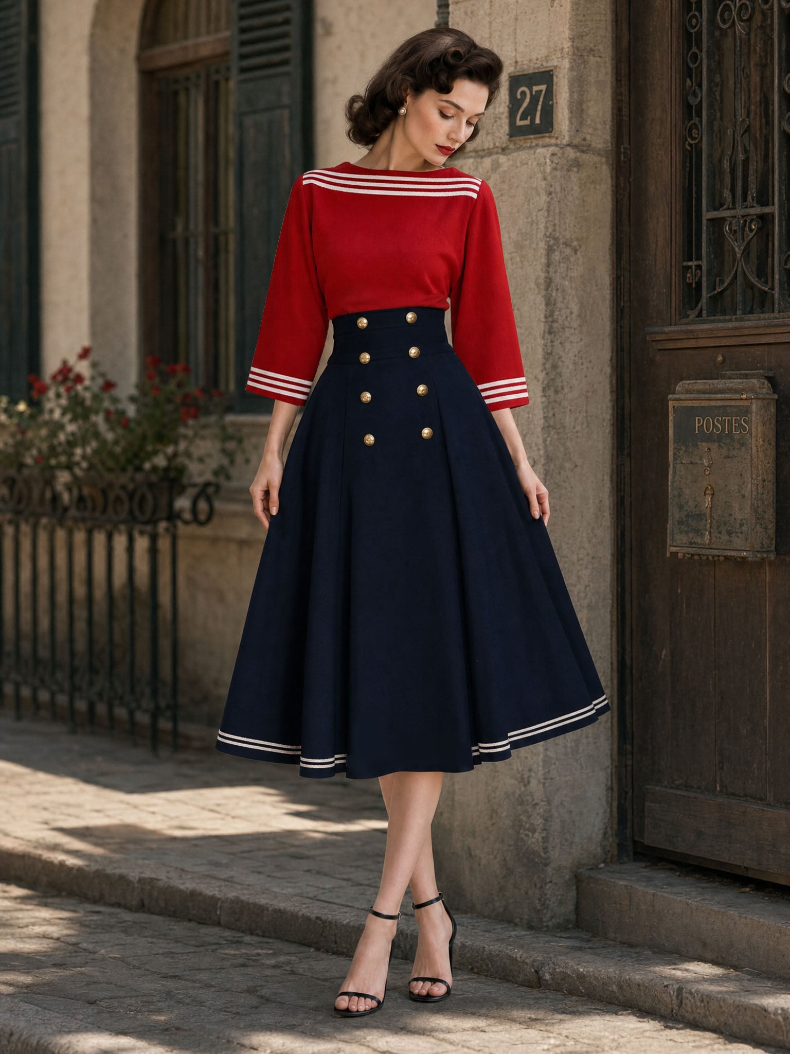 Vintage Nautical‑Style Top & Midi Skirt Set