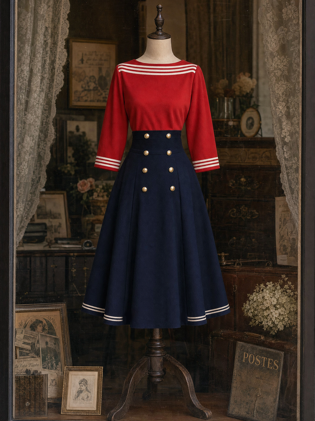 Vintage Nautical‑Style Top & Midi Skirt Set