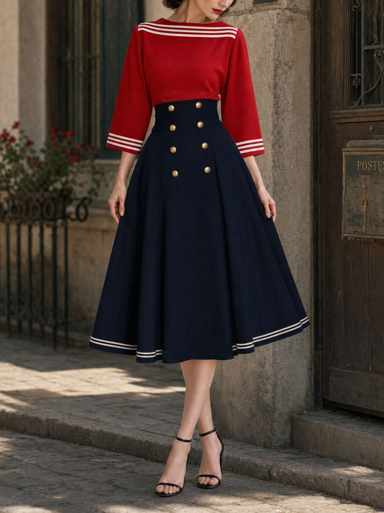 Vintage Nautical‑Style Top & Midi Skirt Set