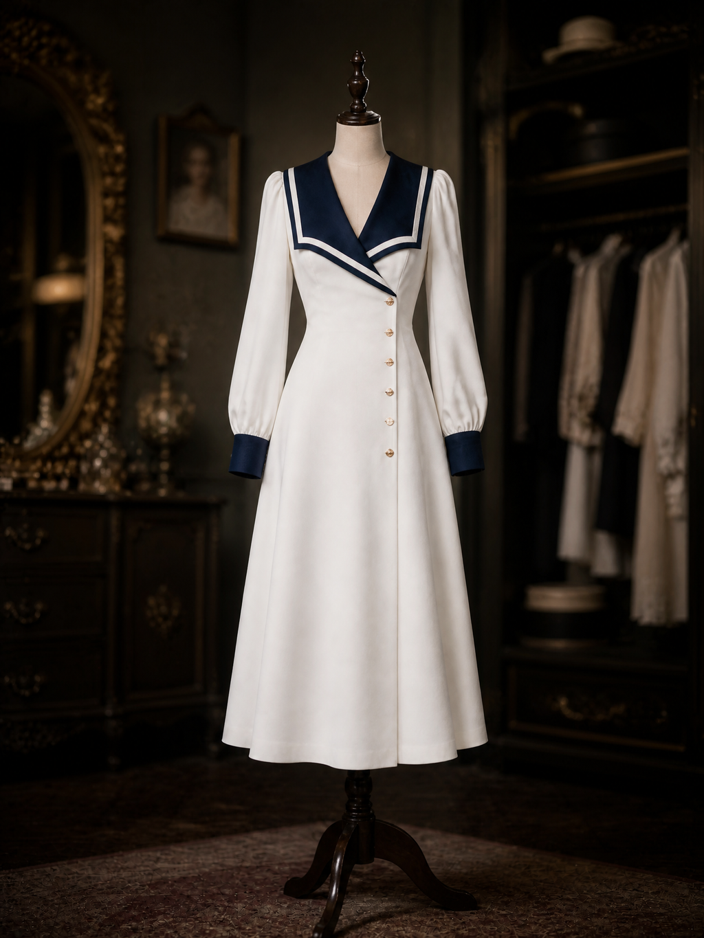 Vintage French Contrast Sailor Collar V‑Neck Asymmetric Button A‑Line Midi Dress