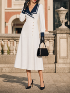 Vintage French Contrast Sailor Collar V‑Neck Asymmetric Button A‑Line Midi Dress
