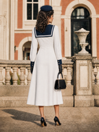 Vintage French Contrast Sailor Collar V‑Neck Asymmetric Button A‑Line Midi Dress