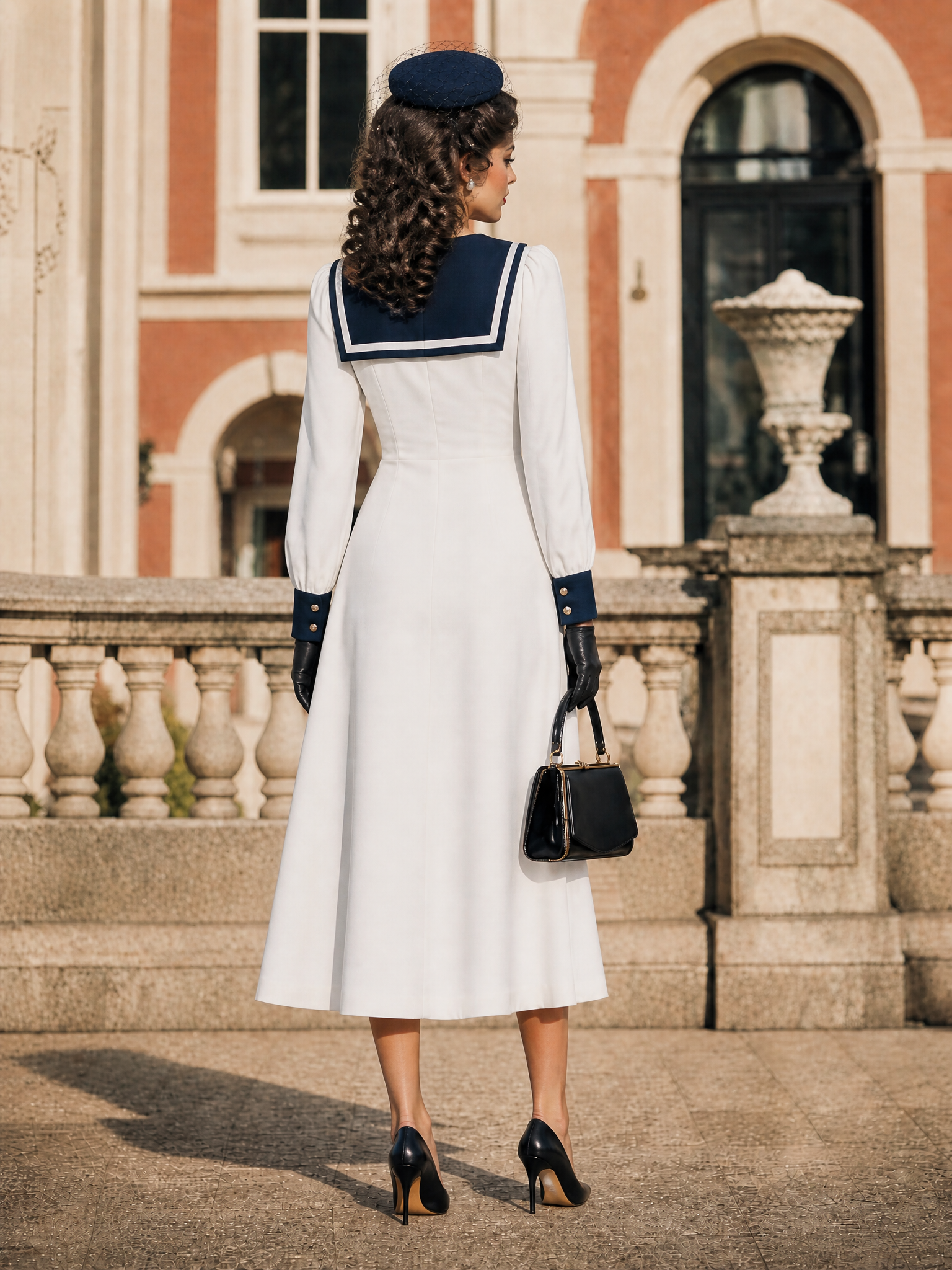 Vintage French Contrast Sailor Collar V‑Neck Asymmetric Button A‑Line Midi Dress
