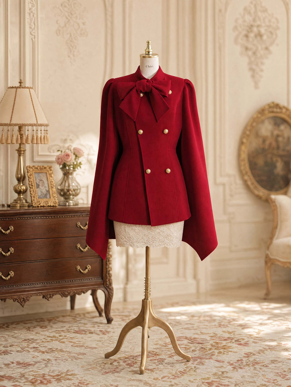 Vintage Bow‑Tie Cape Wool Blend Coat