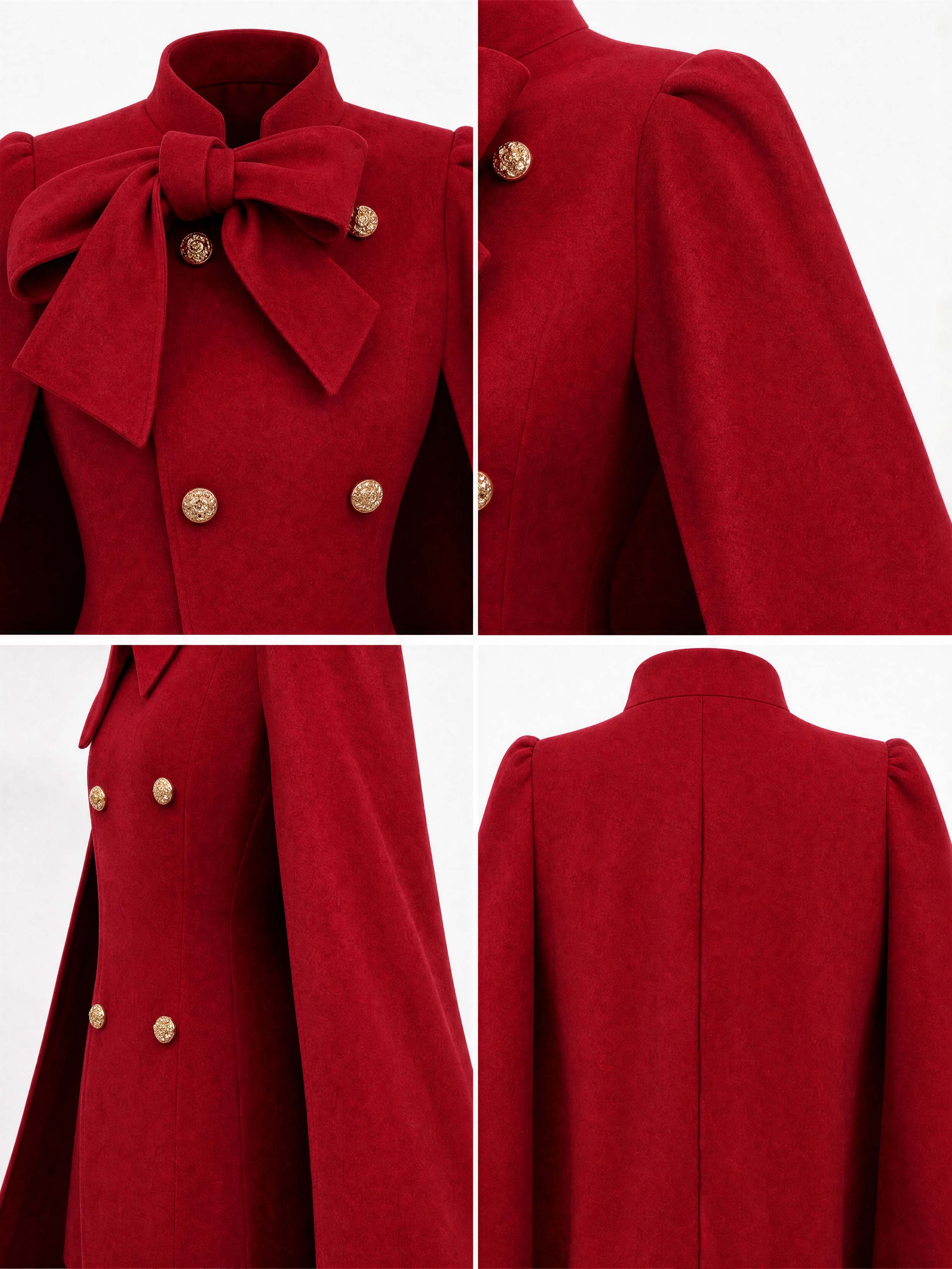 Vintage Bow‑Tie Cape Wool Blend Coat
