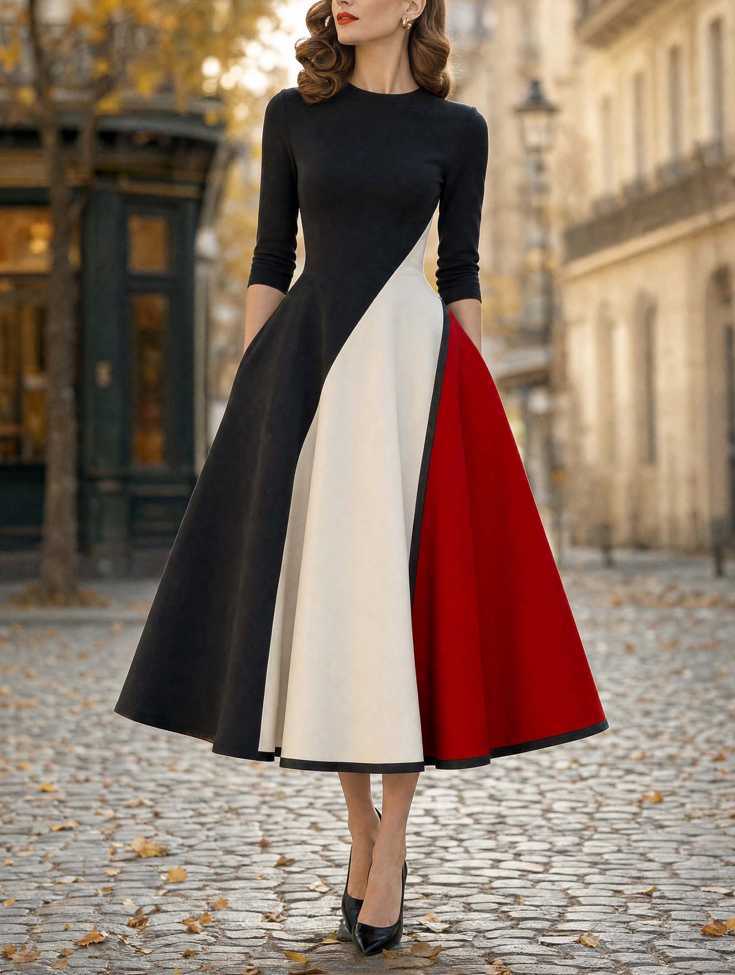 Vintage Tricolor Geometric Midi Dress