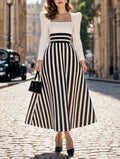 Vintage Striped Square Neck Long Sleeve Midi Dress