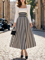 Vintage Striped Square Neck Long Sleeve Midi Dress
