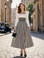 Vintage Striped Square Neck Long Sleeve Midi Dress