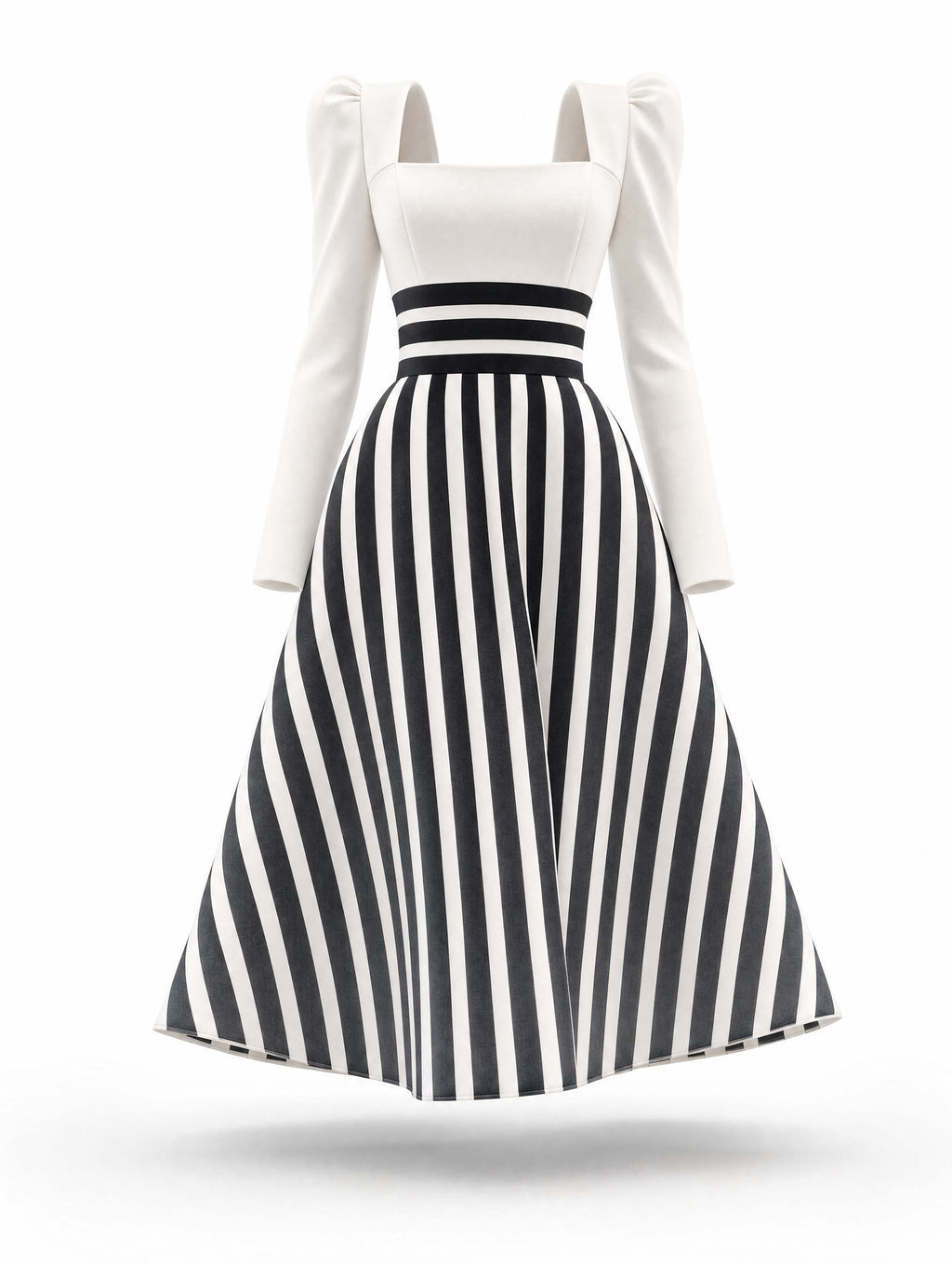 Vintage Striped Square Neck Long Sleeve Midi Dress
