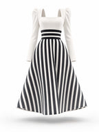 Vintage Striped Square Neck Long Sleeve Midi Dress