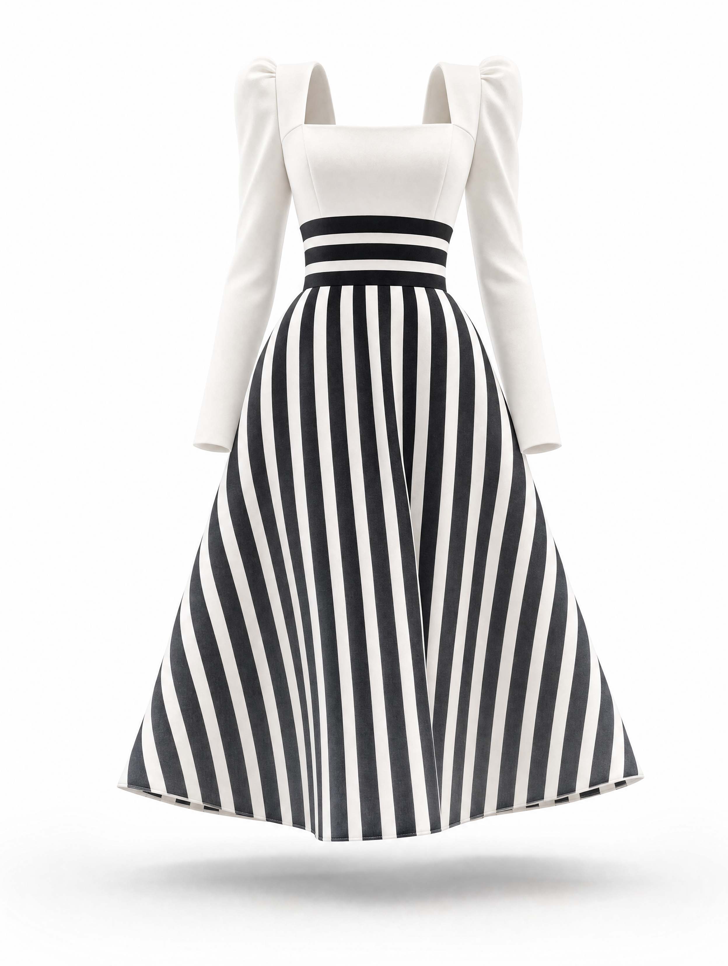 Vintage Striped Square Neck Long Sleeve Midi Dress