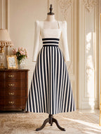 Vintage Striped Square Neck Long Sleeve Midi Dress