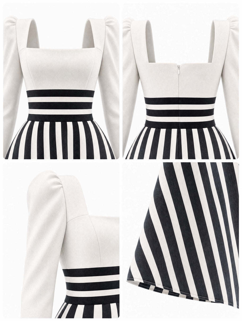 Vintage Striped Square Neck Long Sleeve Midi Dress