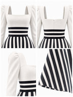 Vintage Striped Square Neck Long Sleeve Midi Dress