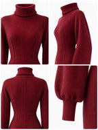 Vintage Turtleneck Puff Sleeve Midi Knit Dress