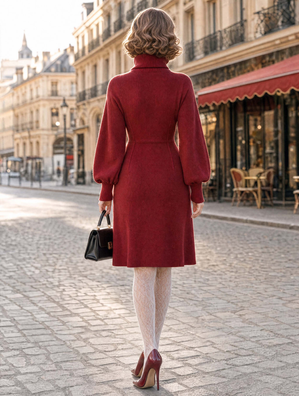 Vintage Turtleneck Puff Sleeve Midi Knit Dress