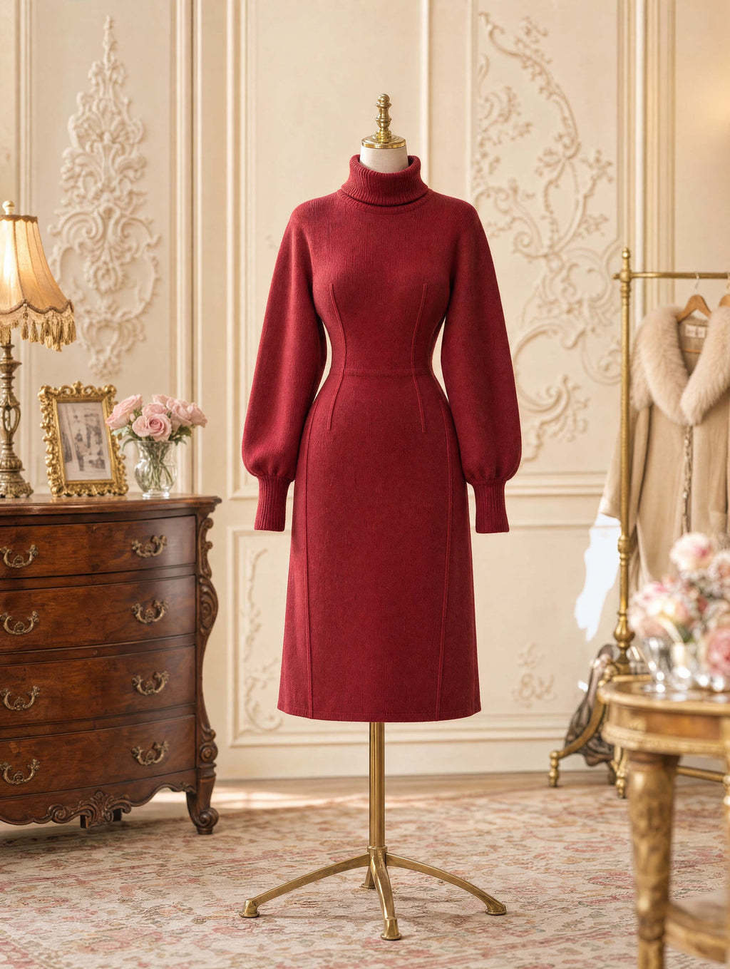 Vintage Turtleneck Puff Sleeve Midi Knit Dress