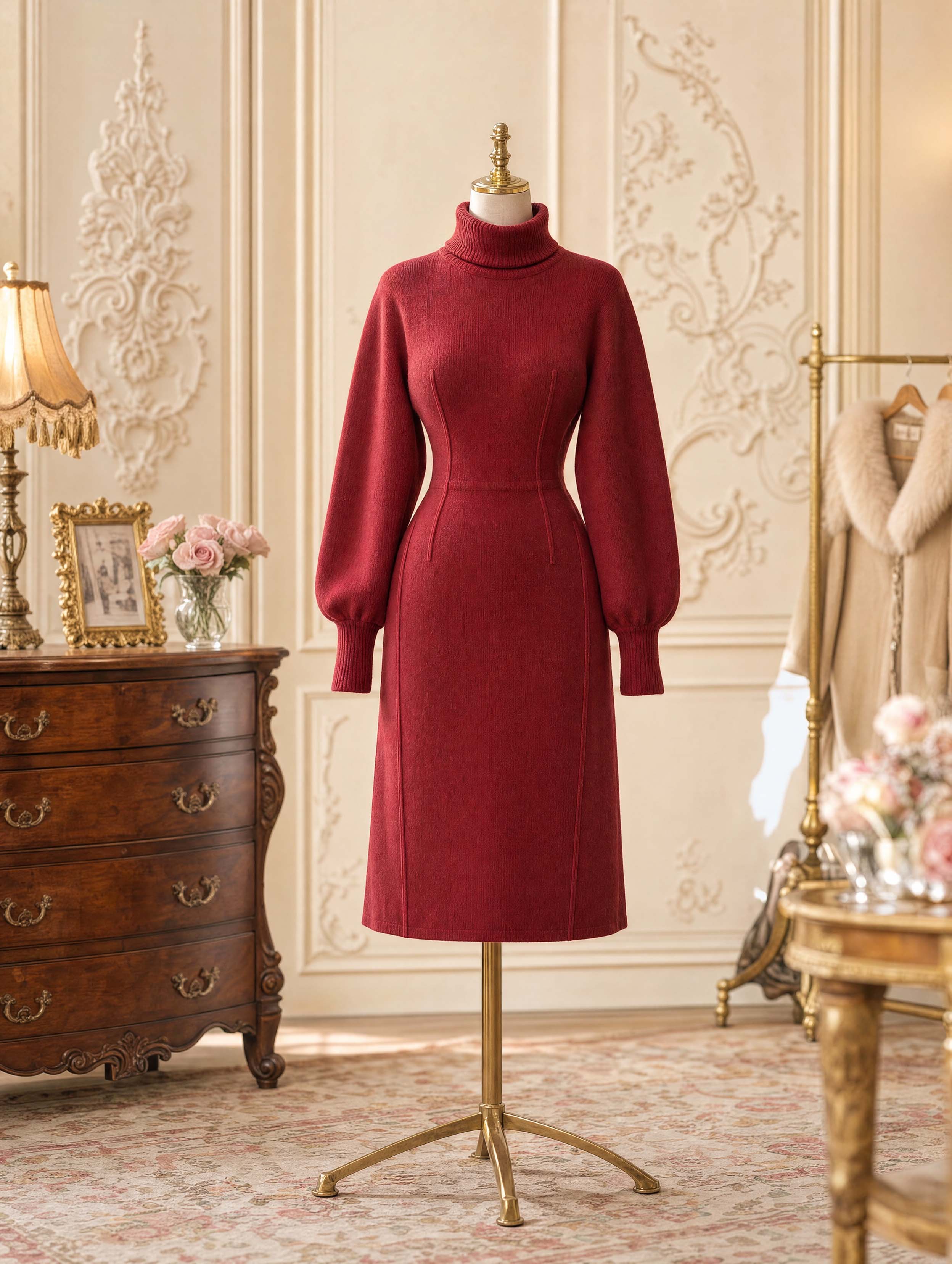Vintage Turtleneck Puff Sleeve Midi Knit Dress