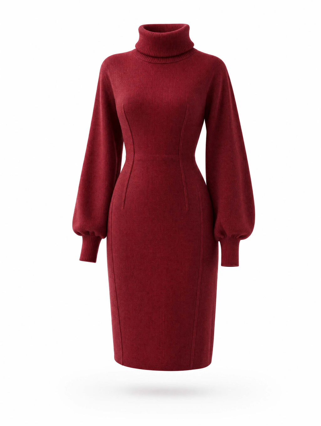 Vintage Turtleneck Puff Sleeve Midi Knit Dress