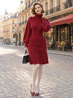 Vintage Turtleneck Puff Sleeve Midi Knit Dress