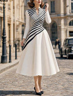 Vintage Striped Stand Collar Fit Flare Midi Dress