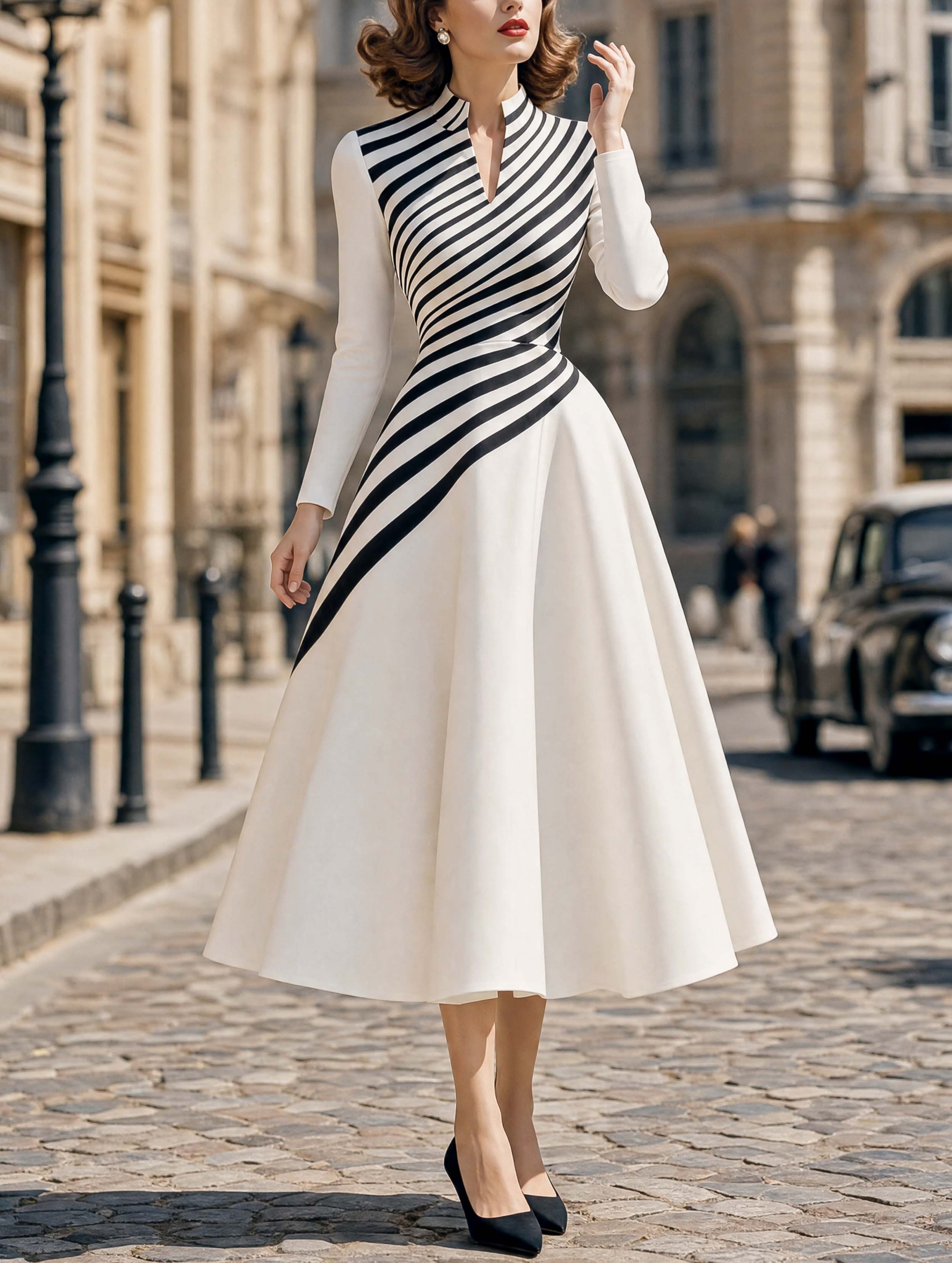 Vintage Striped Stand Collar Fit Flare Midi Dress