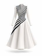 Vintage Striped Stand Collar Fit Flare Midi Dress
