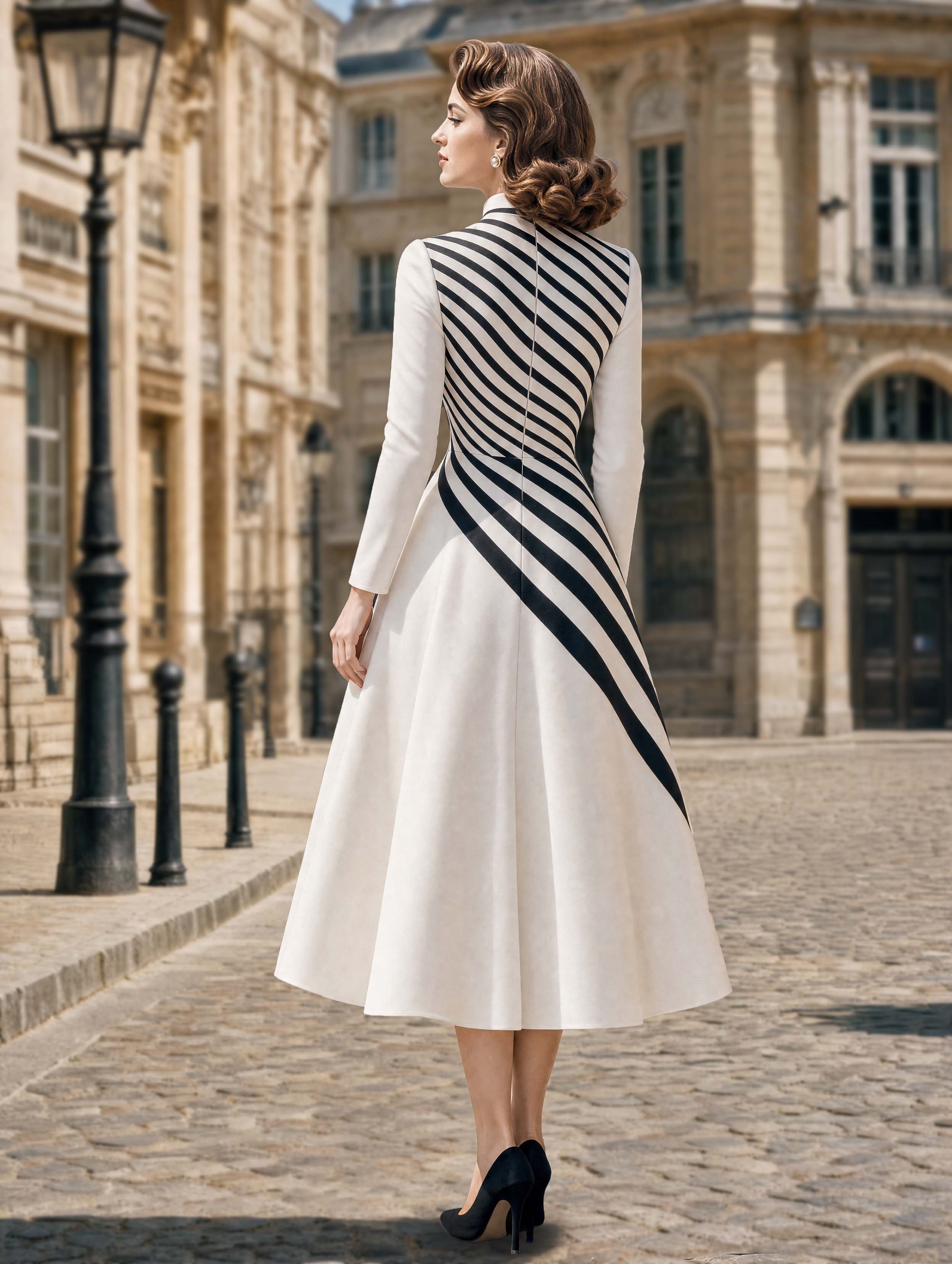 Vintage Striped Stand Collar Fit Flare Midi Dress