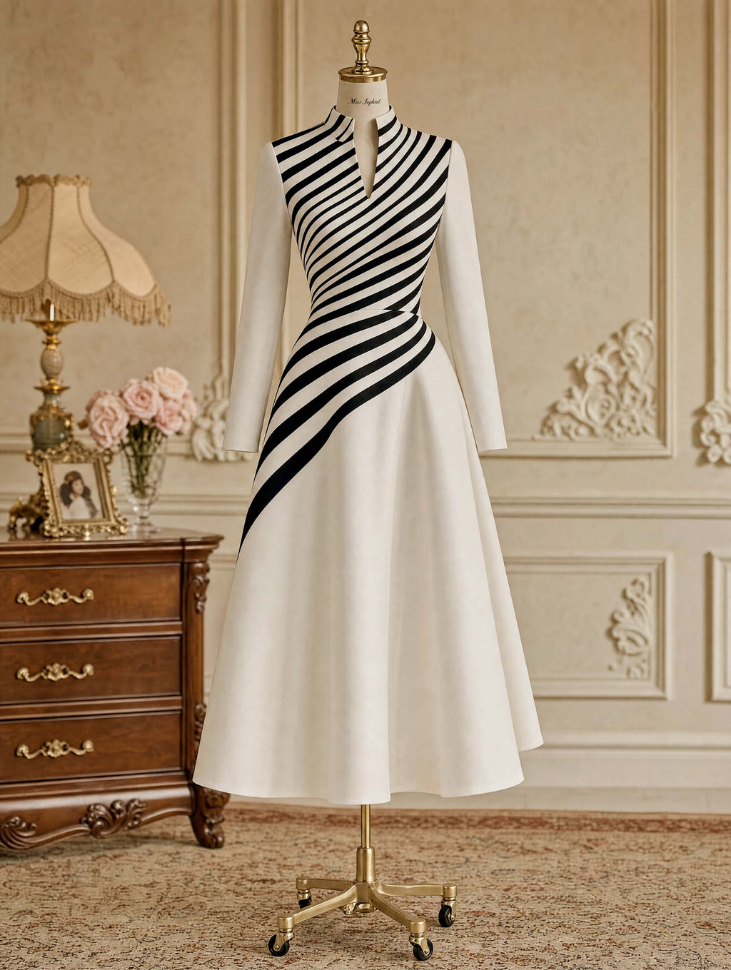 Vintage Striped Stand Collar Fit Flare Midi Dress