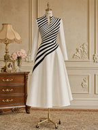 Vintage Striped Stand Collar Fit Flare Midi Dress