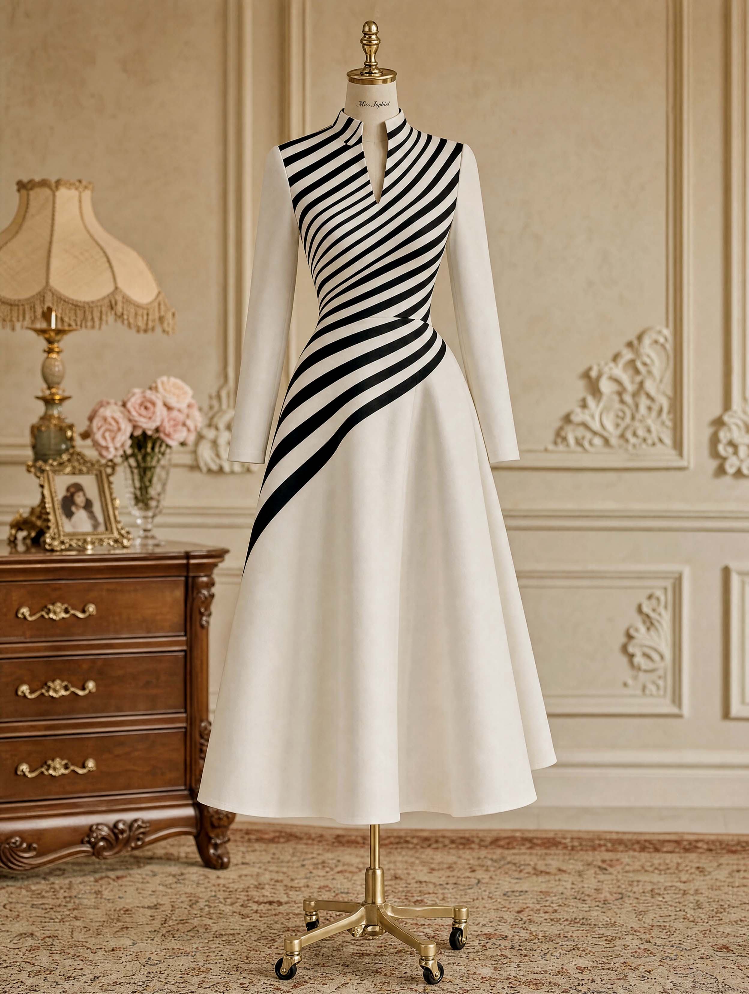 Vintage Striped Stand Collar Fit Flare Midi Dress