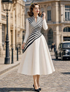 Vintage Striped Stand Collar Fit Flare Midi Dress