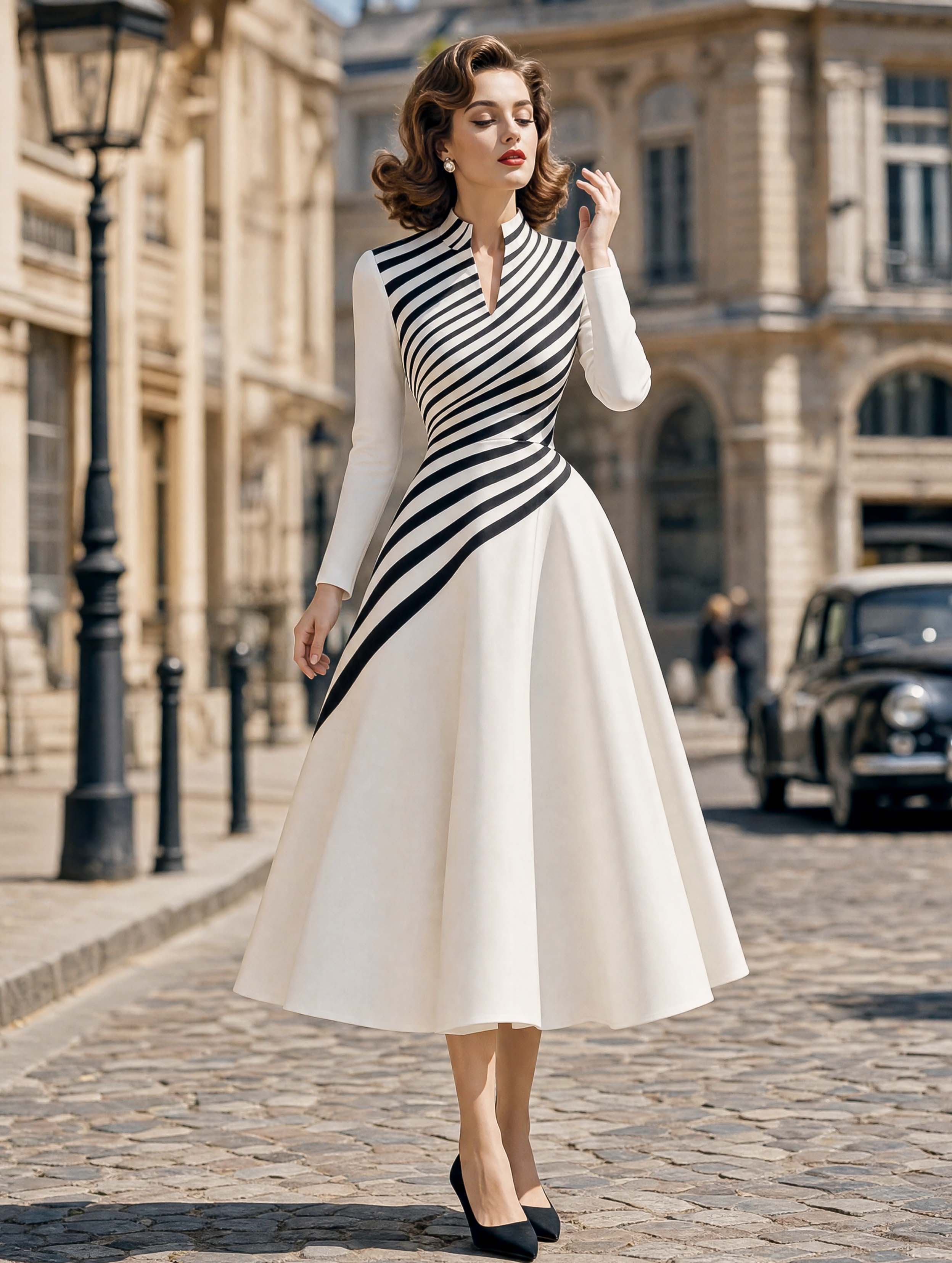 Vintage Striped Stand Collar Fit Flare Midi Dress
