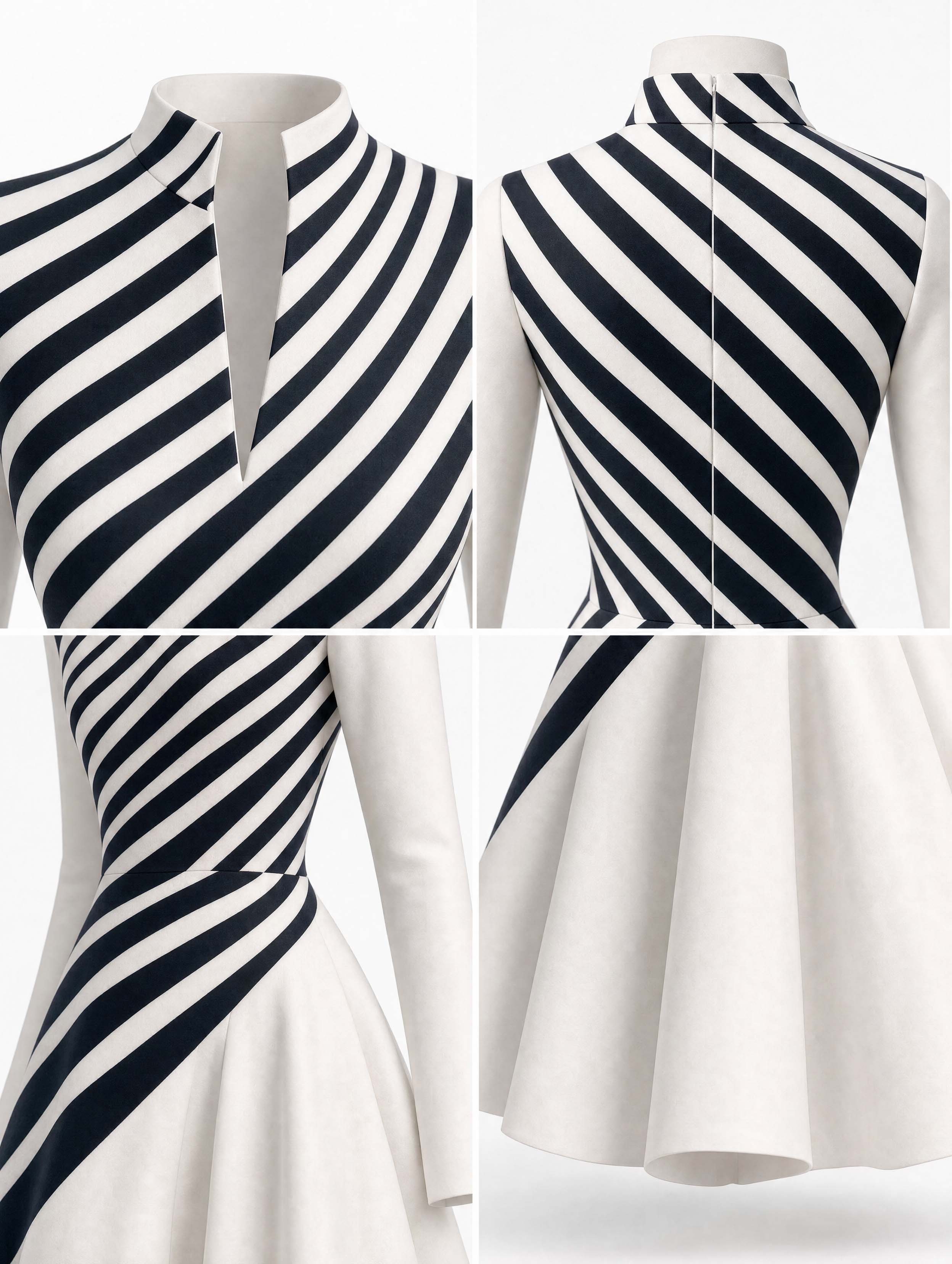 Vintage Striped Stand Collar Fit Flare Midi Dress