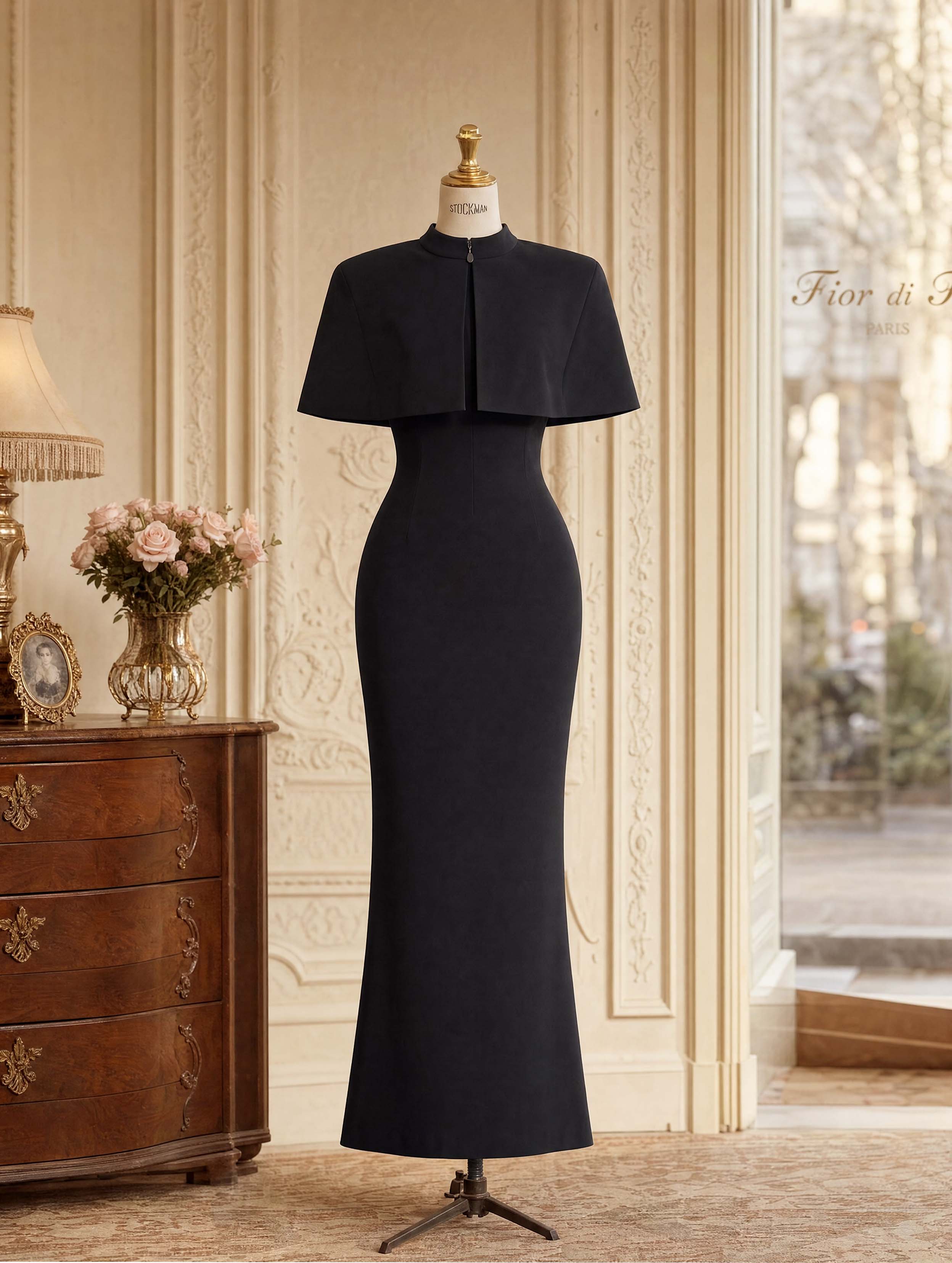 Vintage Cape Stand Collar Midi Bodycon Dress