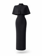 Vintage Cape Stand Collar Midi Bodycon Dress