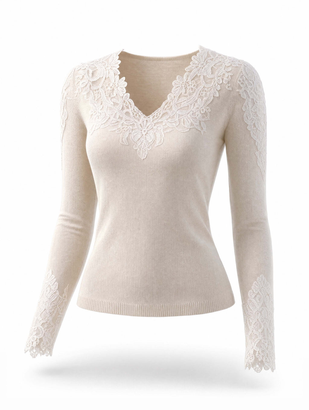 Vintage Lace V‑Neck Long Sleeve Knit Top