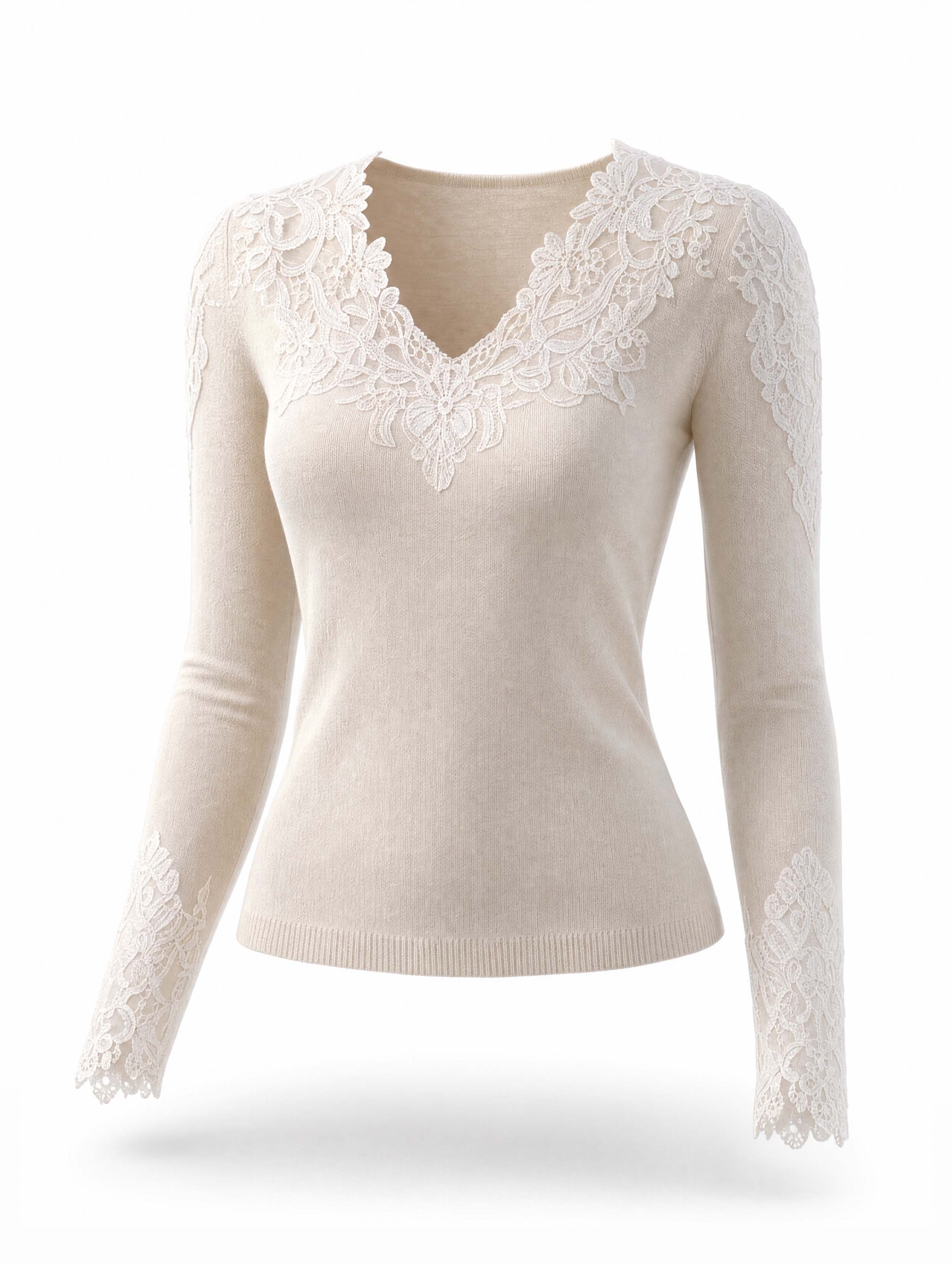 Vintage Lace V‑Neck Long Sleeve Knit Top