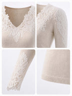 Vintage Lace V‑Neck Long Sleeve Knit Top