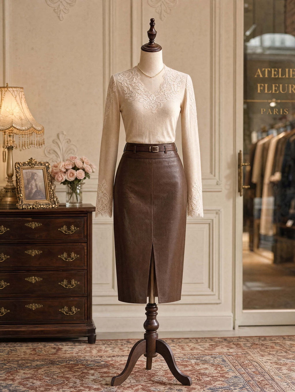 Vintage Lace V‑Neck Long Sleeve Knit Top